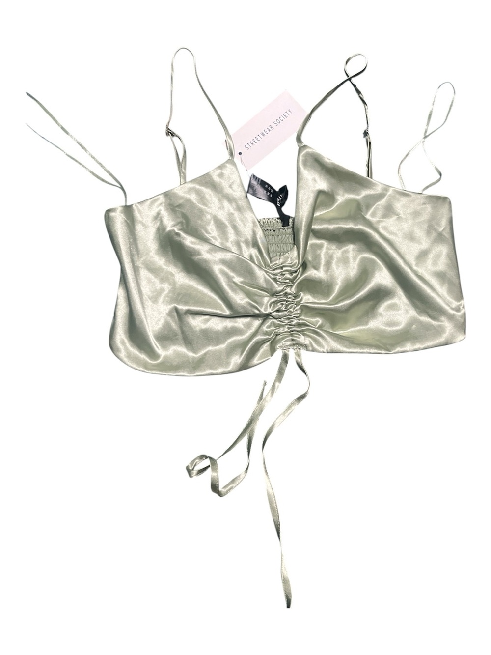 Satin Ruched Drawstring Crop Cami in Light Sage